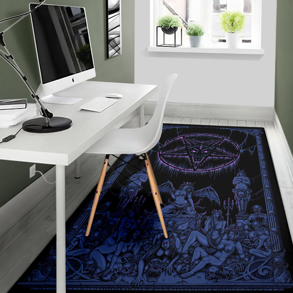 Satanic Pentagram Skull Sexy Winged Demon Welcome To Hell's Pearly Pleasure Gates Area Rug Erotic Blue Pink