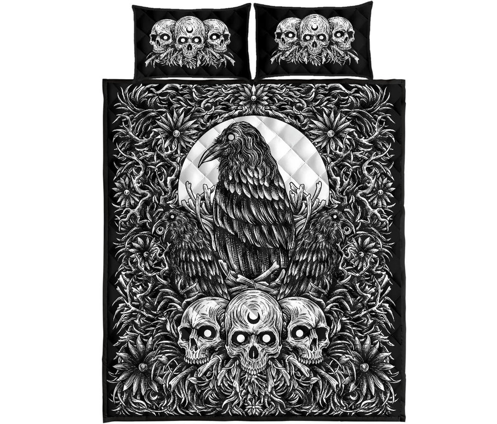 Skull Gothic Occult Crow Eye Quilt New Dark Black And White 3 Piece Set