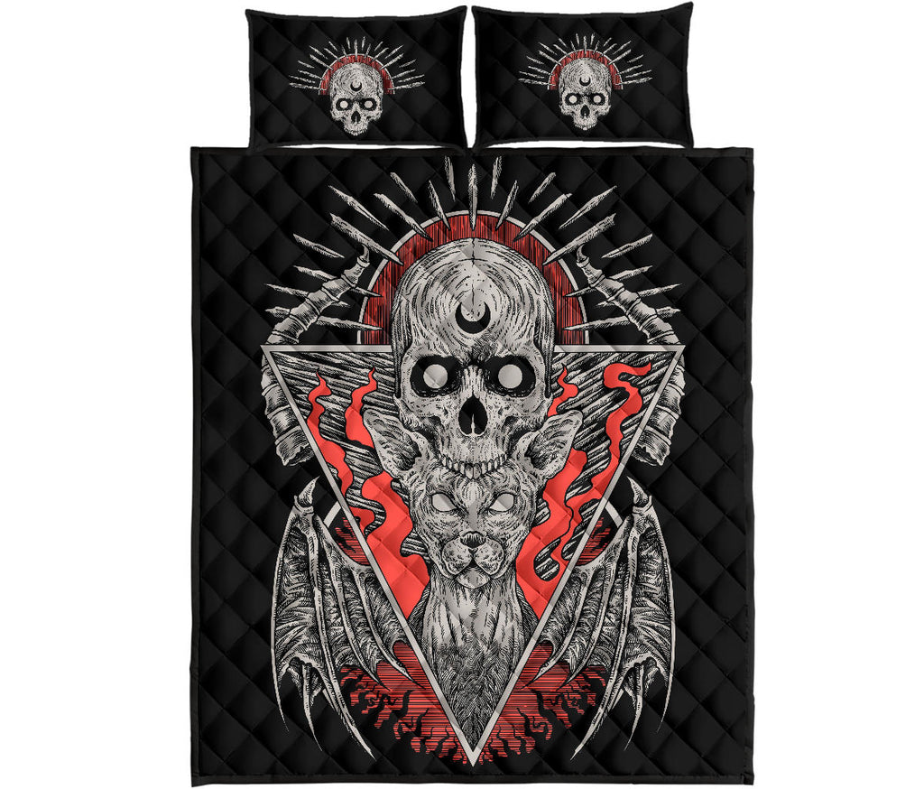 Gothic Quilt Skull Bat Wing Cat 3 Piece Bed Set Color Version