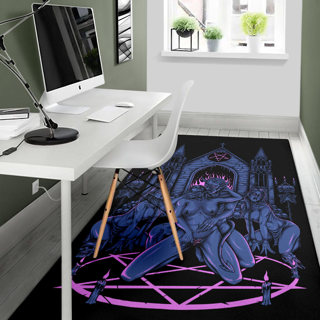 Skull Satanic Pentagram Demon Lucifer's Chapel Of Flesh Area Rug Sexy Blue Pink