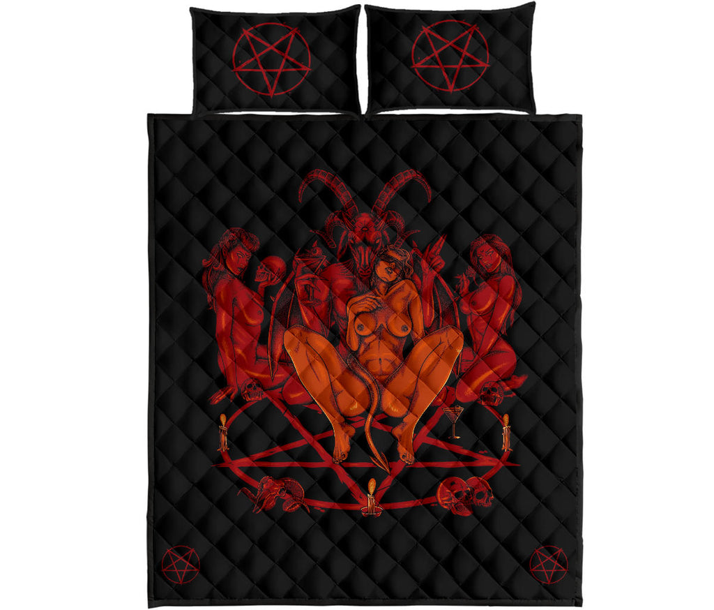 New! Skull Satanic Baphomet Goat Satanic Pentagram Lust God Naughty And Lovin It Cocktail Flesh Party Quilt 3 Piece Set Color