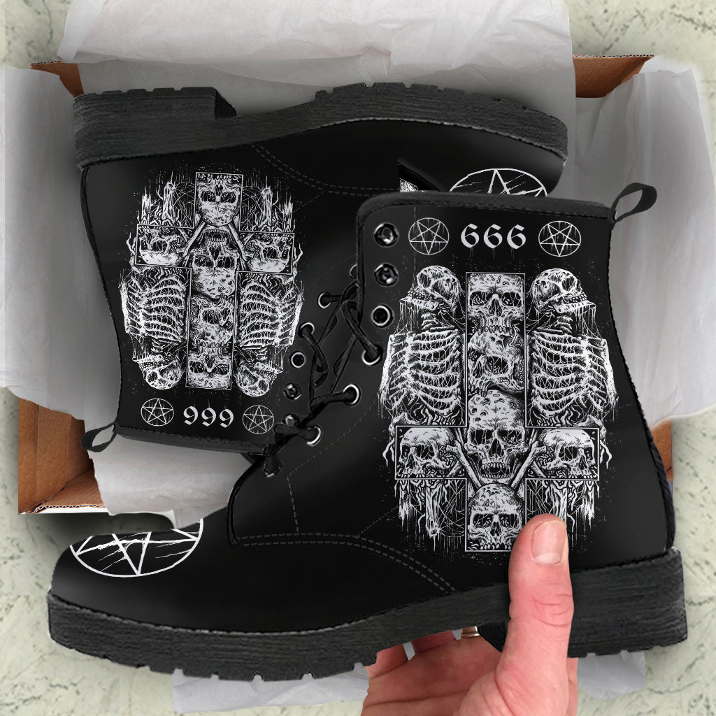 Skull Satanic Cross Satanic Pentagram 666 Leather Boots