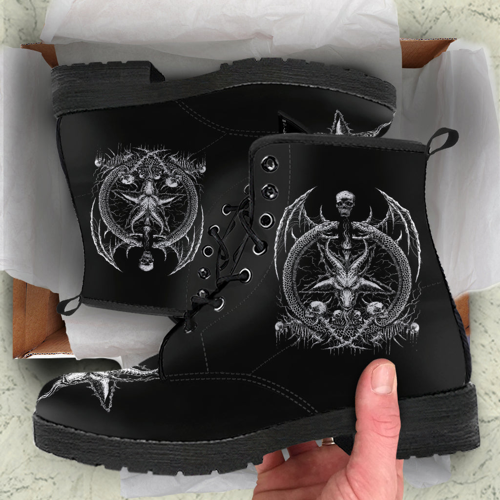 Skull Demon Satanic Goat Satanic Pentagram Serpent Leather Boots Black And White