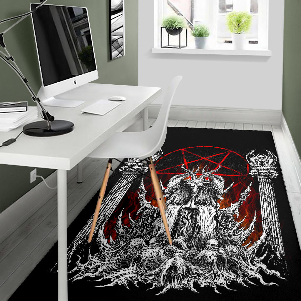 Skull Satanic Goat Flame Color Satanic Pentagram Area Rug