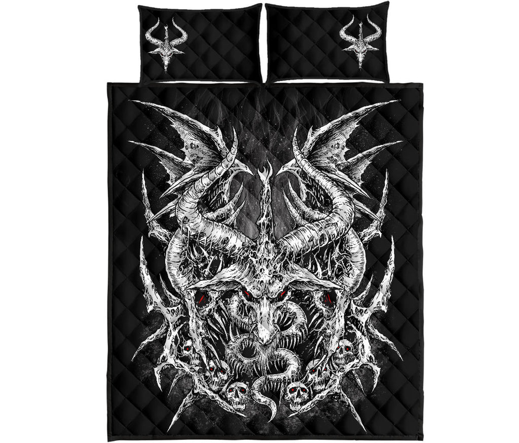 Skull Goth Satanic Goat Wing Smoke Color Flame 3 Piece Quilt Bed Set