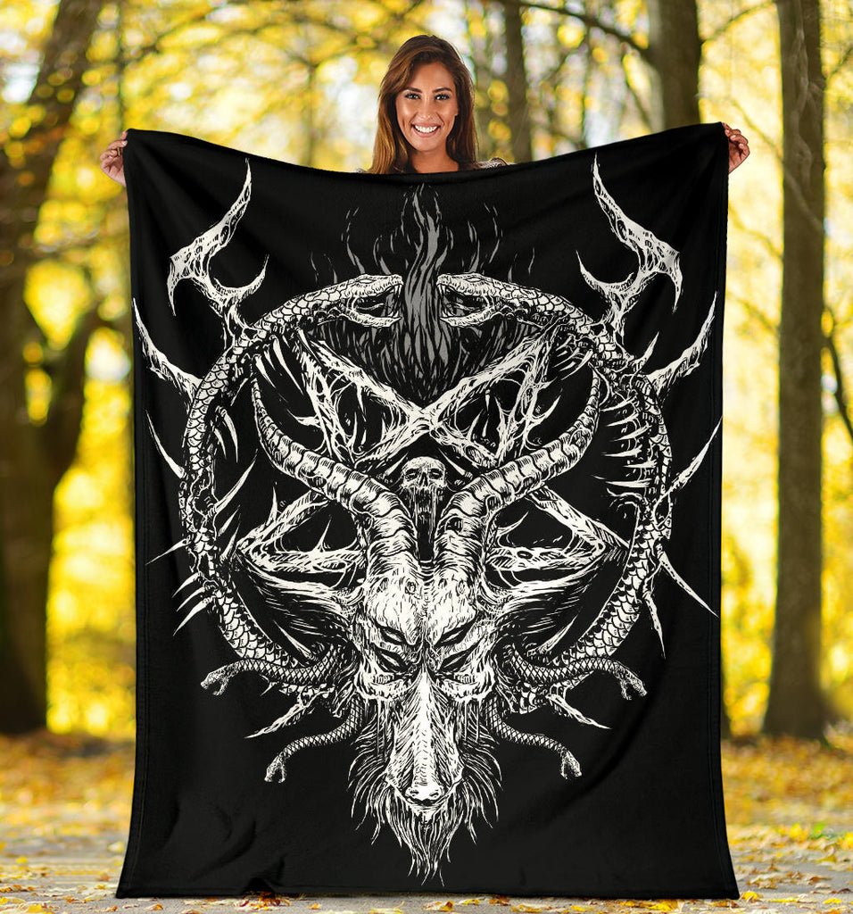 Skull Satanic Goat Satanic Pentagram Demon Serpent Blanket All Black And White