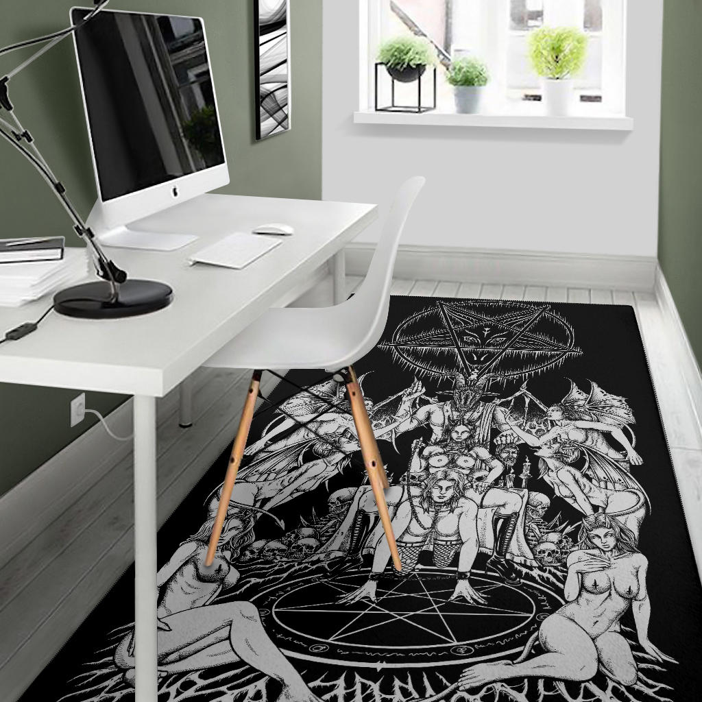 Skull Satanic Pentagram Bat wing Demon Baphomet Savior Head Flesh Party Area Rug Black And White