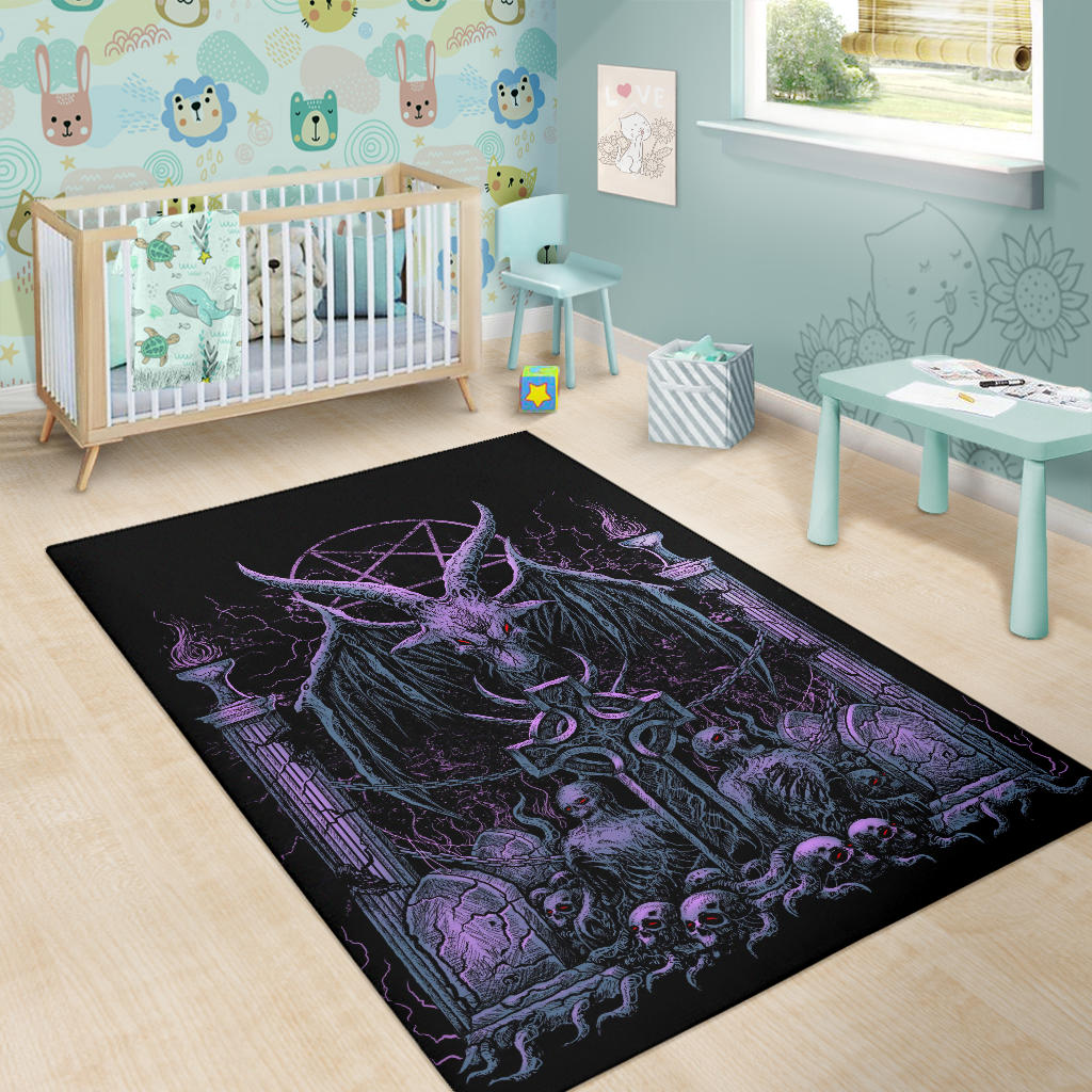 Skull Satanic Pentagram Baphomet Demon Bat Wing Goat Grave Shrine Area Rug Awesome Night Blue Purple Pink Tint