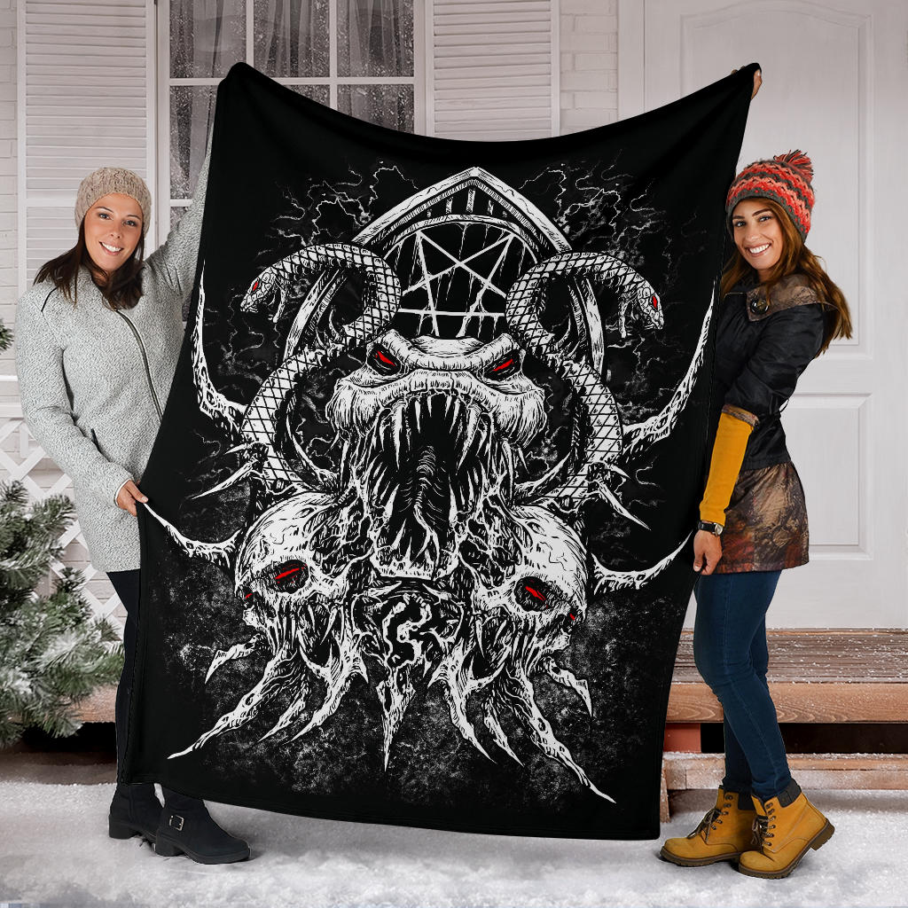 Skull Satanic Pentagram Demon Serpent Blanket Black And White Red Eye