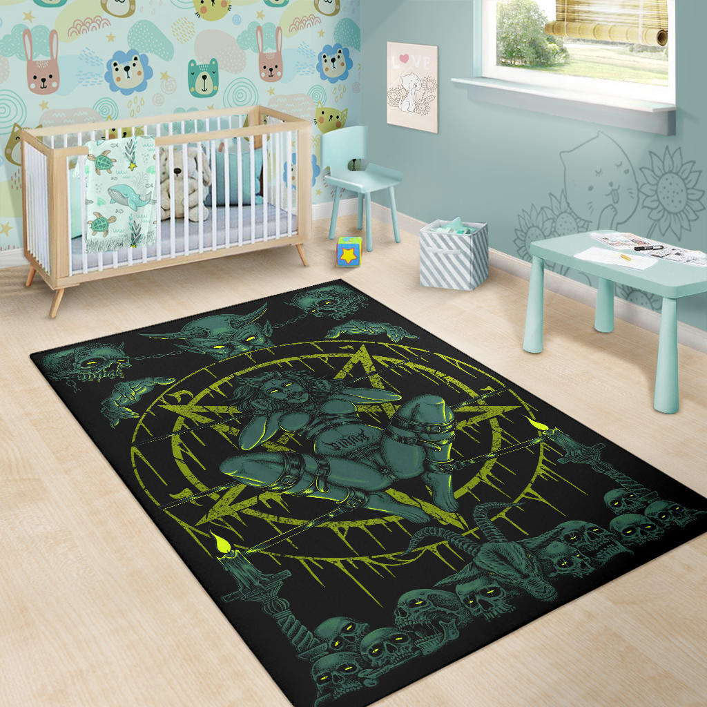 Skull Demon Satanic Baphomet Goat Satanic Pentagram Chained To Sin And Lovin It Watching Over The Sinner Area Rug Awesome Glowing Green