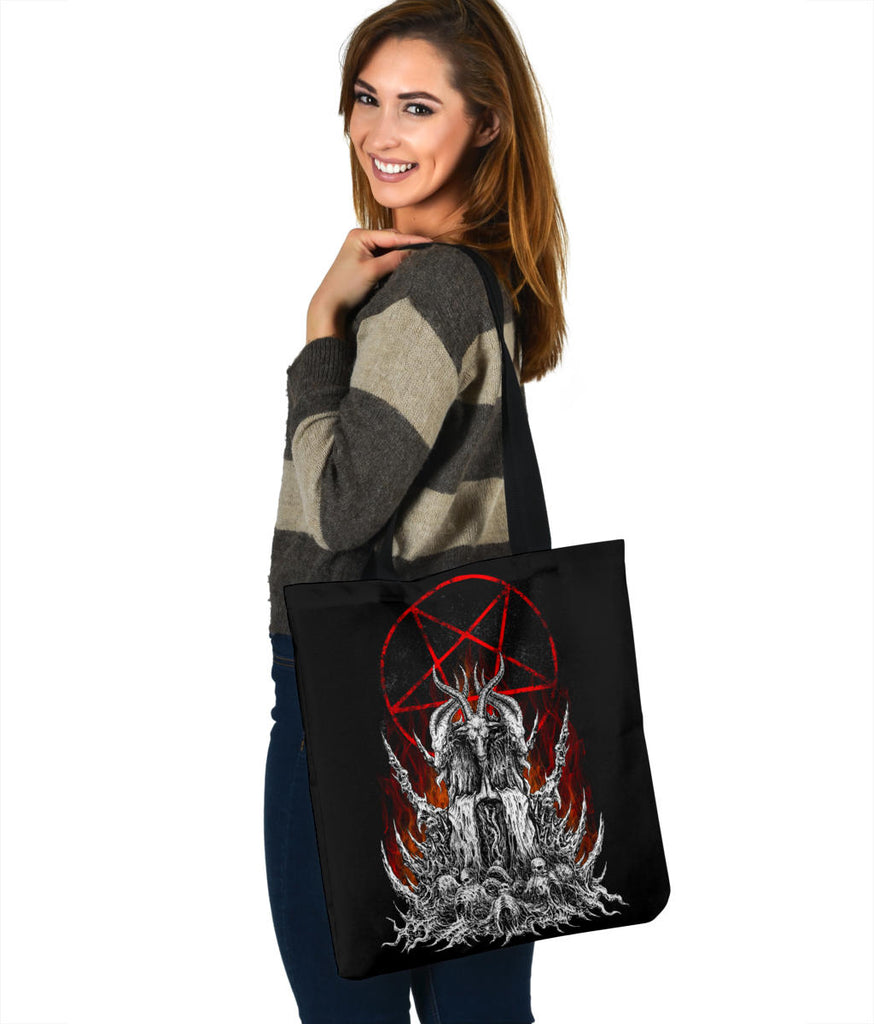 Skull Satanic Goat Satanic Pentagram Flame Large Tote Bag