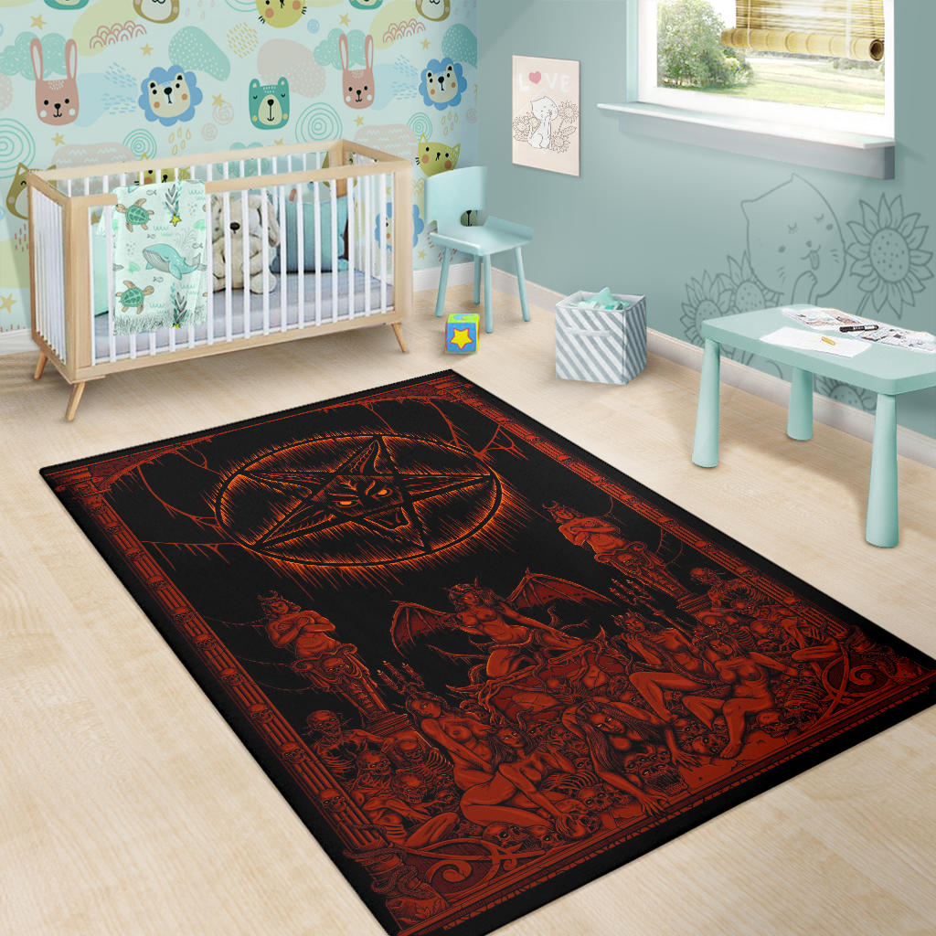 Satanic Pentagram Skull Sexy Winged Demon Welcome To Hell's Pearly Pleasure Gates Area Rug Red Version
