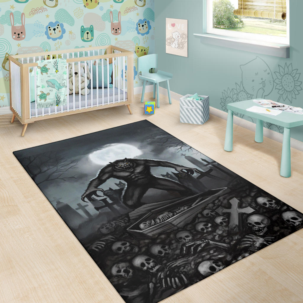 Skull Skeleton Werewolf Pack Creepy Moon light Graveyard Area Rug