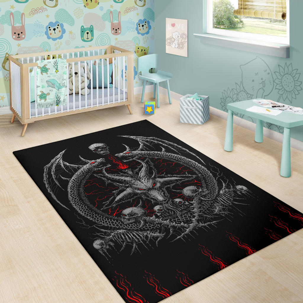 Skull Demon Satanic Goat Satanic Pentagram Serpent Flame Area Rug Silver Red