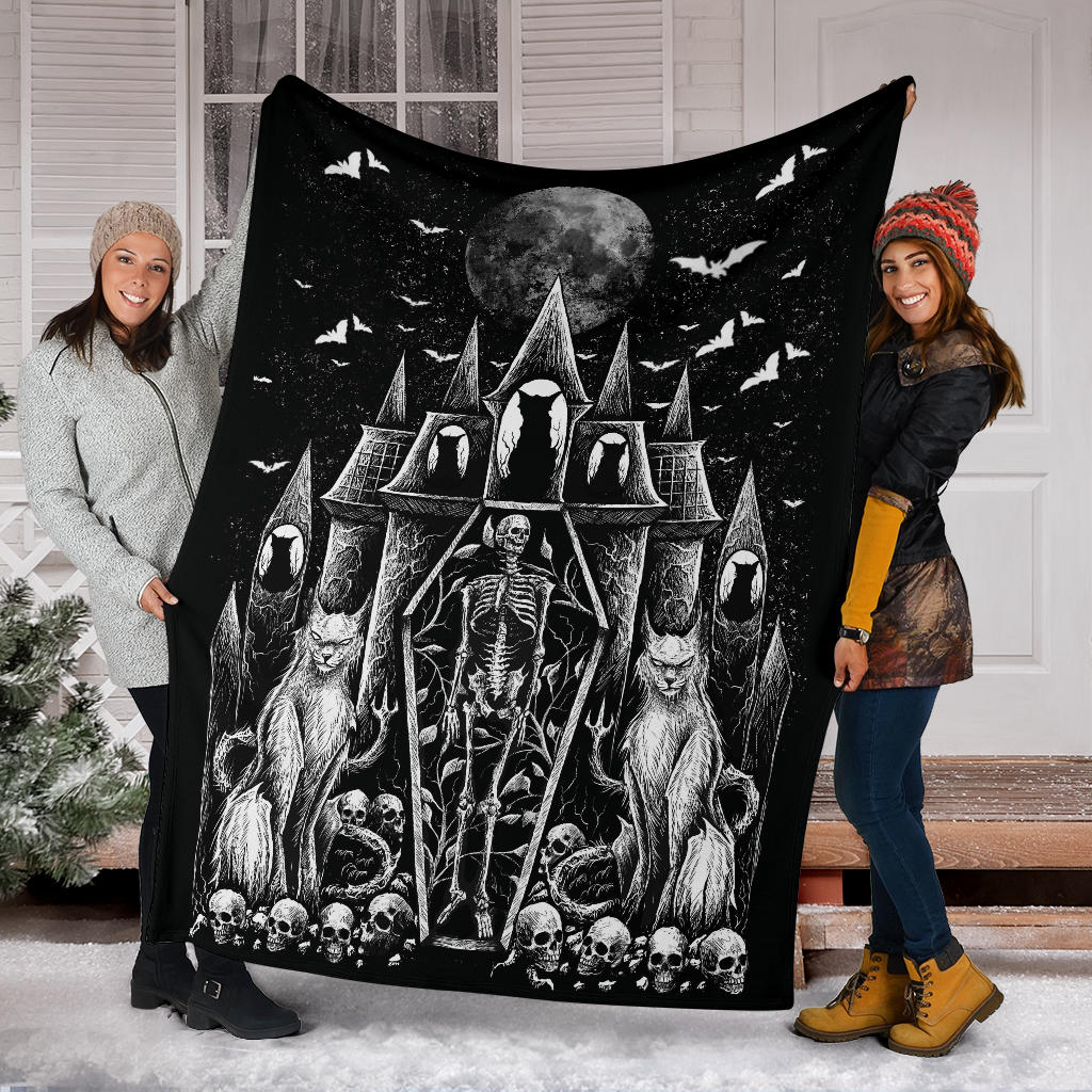 Skull Gothic Cat Skeleton Coffin Gothic Wicked Bat Night House Blanket