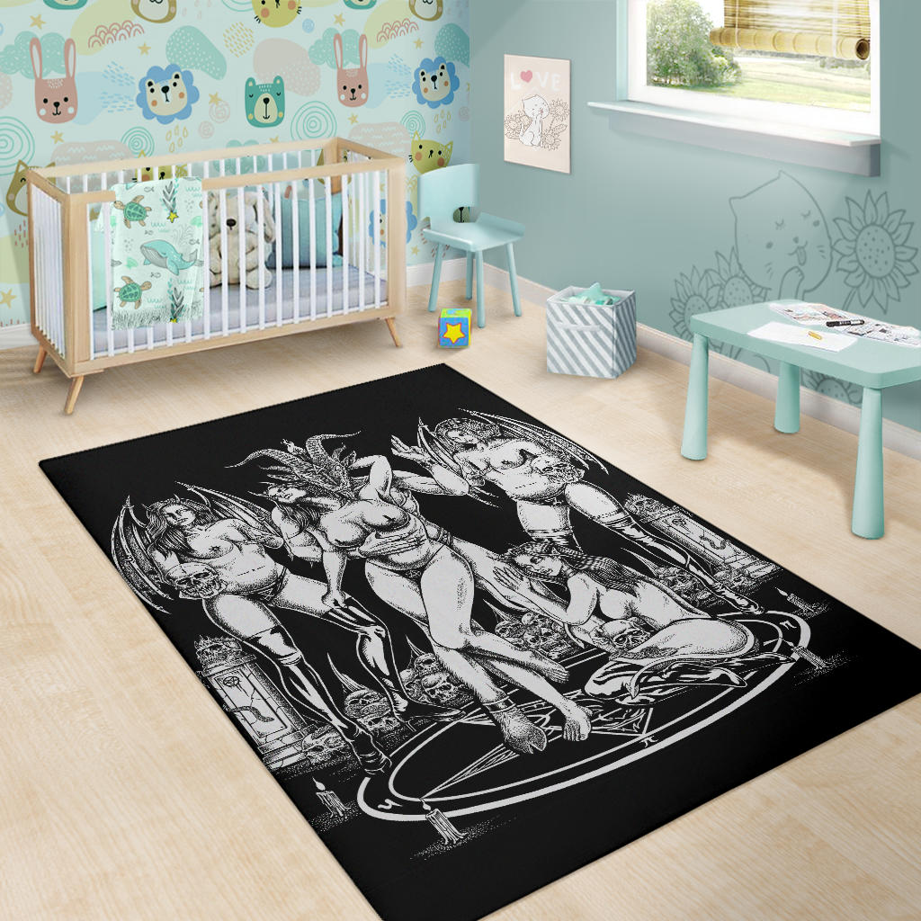 Skull Baphomet Erotic Revel In More Freedom And Realize It Throne Area Rug Black And White
