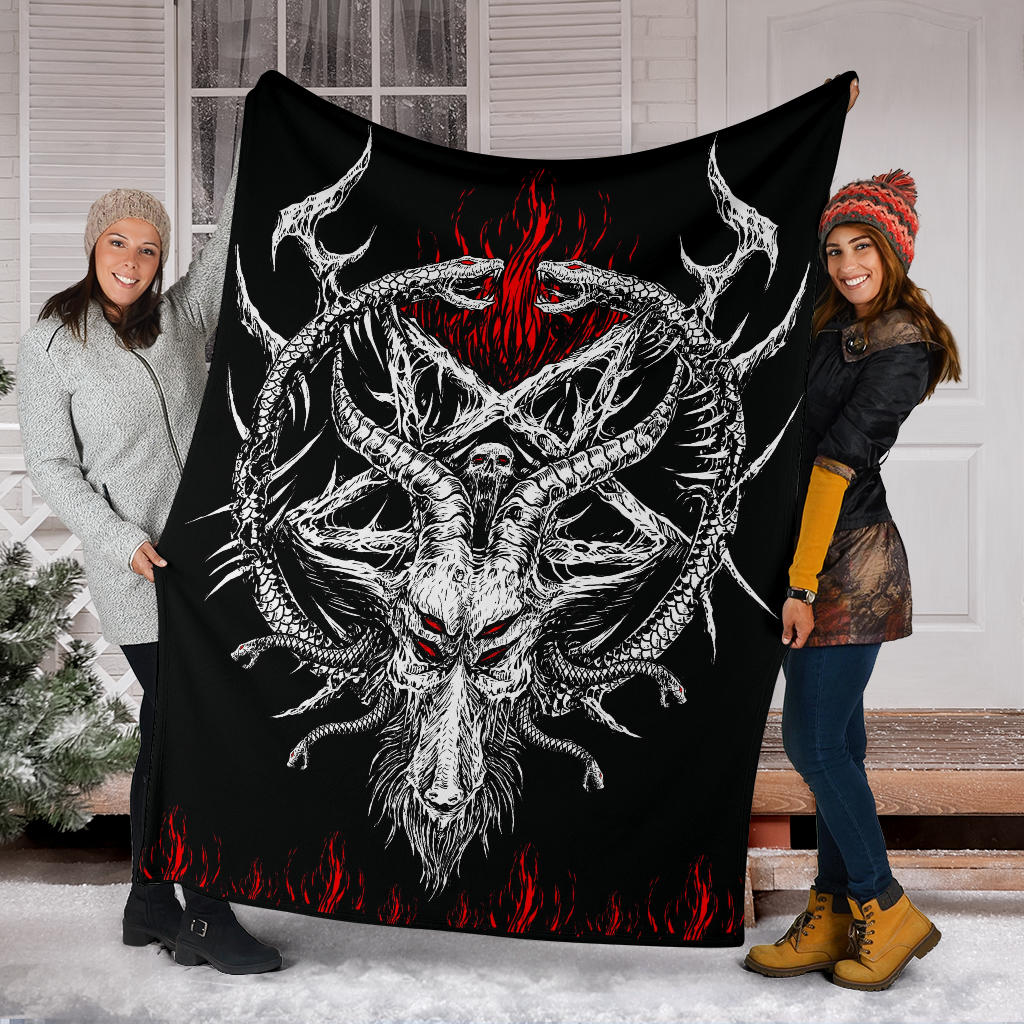 Skull Satanic Goat Satanic Pentagram Serpent Flame Blanket Black And White Red Flame