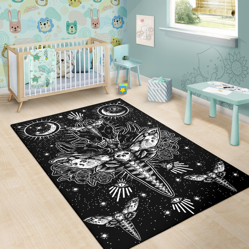 Skull Moth Secret Society Occult Style Area Rug Black And White Version