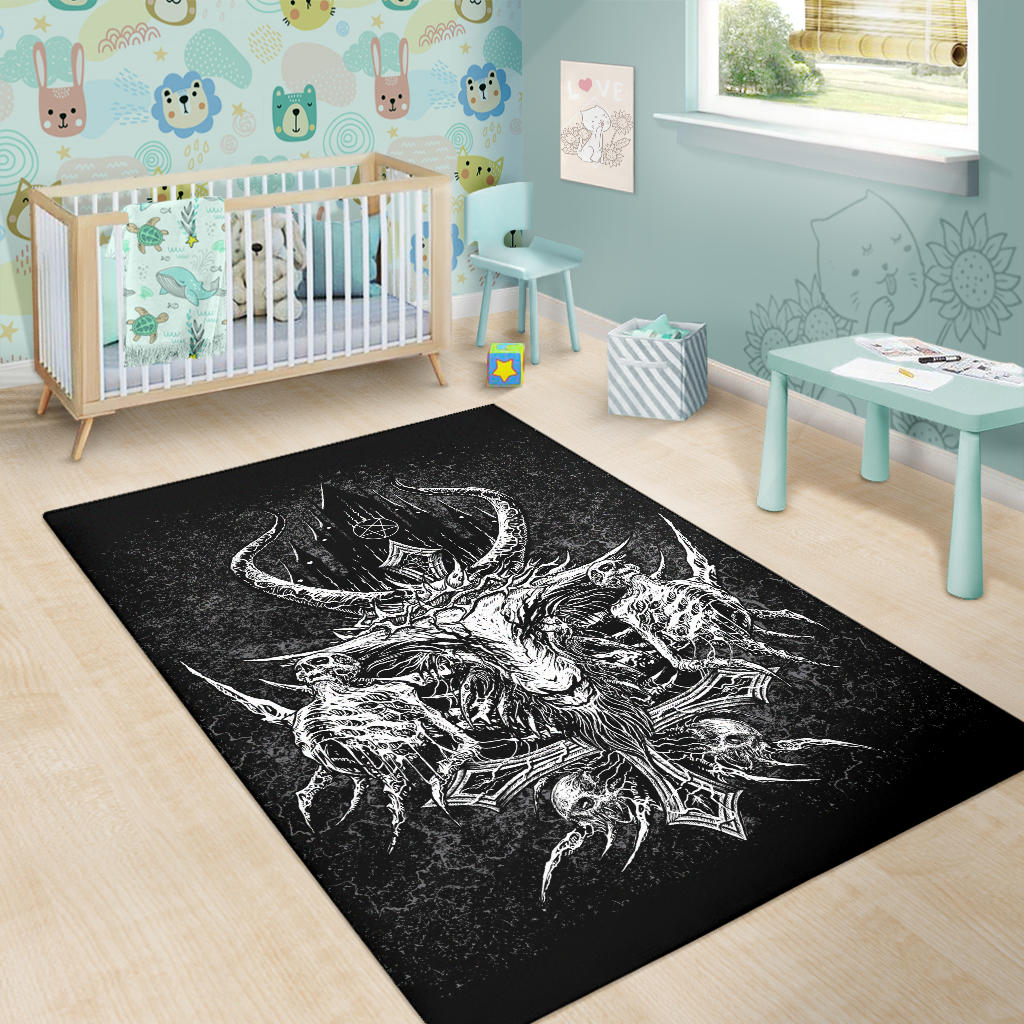 Skull Satanic Crowned Goat Satanic Cross Satanic Pentagram Night Church Part 2 Area Rug Black And White