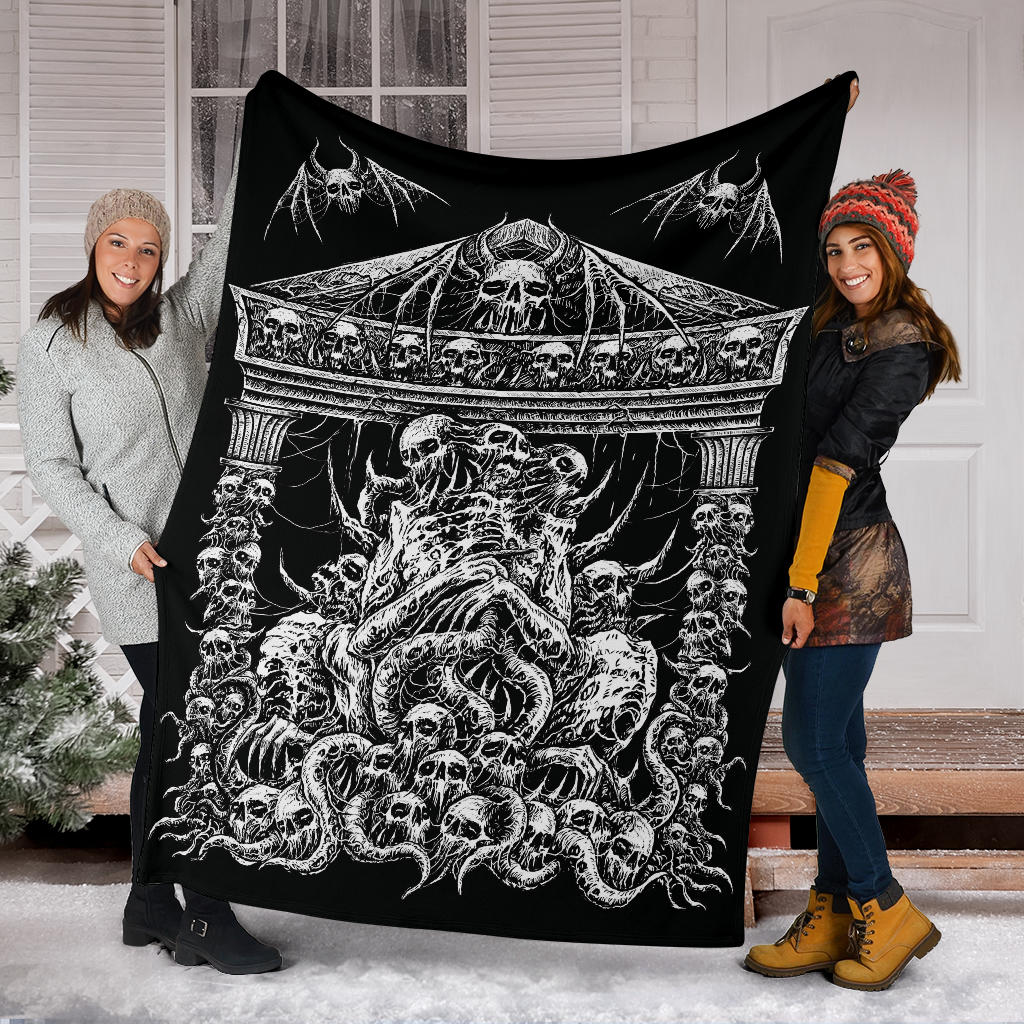 Skull Skeleton Demon Bat Skull Wing Death Shrine Blanket Black And White