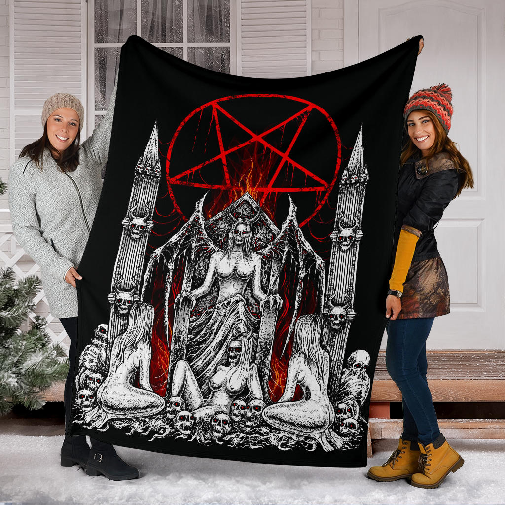 Skull Satanic Pentagram Flame Lust Throne Blanket Black And White Red Flame