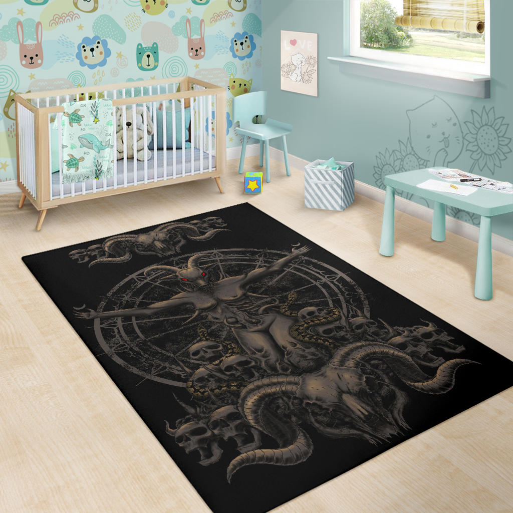 Satanic Skull Demon Goat Woman With Serpents Rust Red Eye Version Area Rug