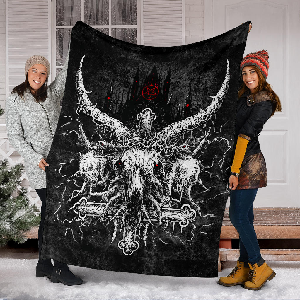 Skull Crowned Satanic Goat Satanic Cross Satanic Pentagram Night Church Blanket Red Pentagram Version