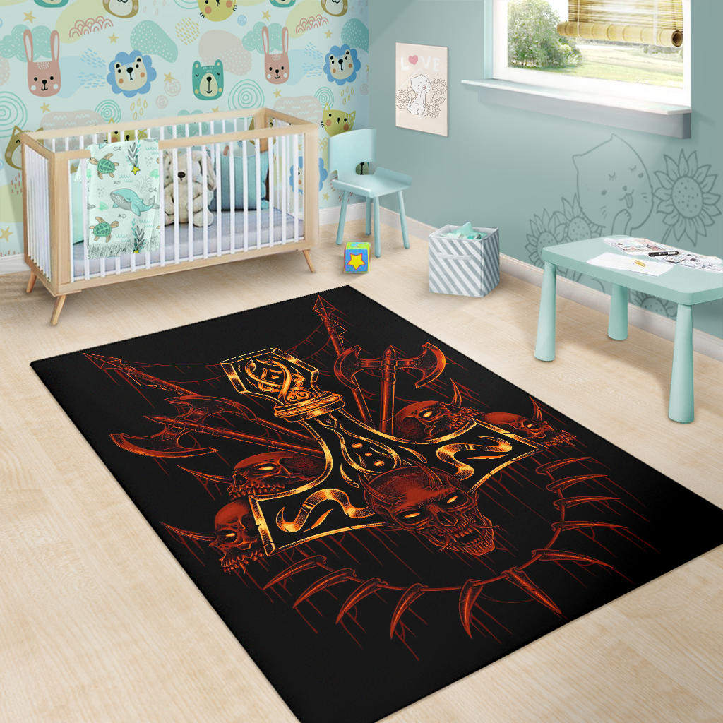 Skull Viking Thor's Hammer Sword Area Rug Awesome Red Flame