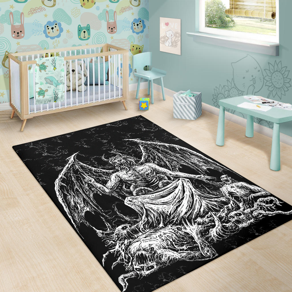 Skull Skeleton Satanic Bat Wing Demon God Area Rug Black And White