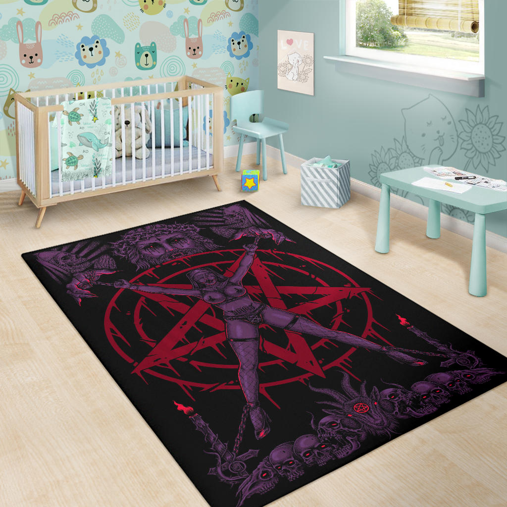 Skull Satanic Pentagram Demon Chained To Sin And Lovin It Part 2  Area Rug Wild Glowing Purple Red