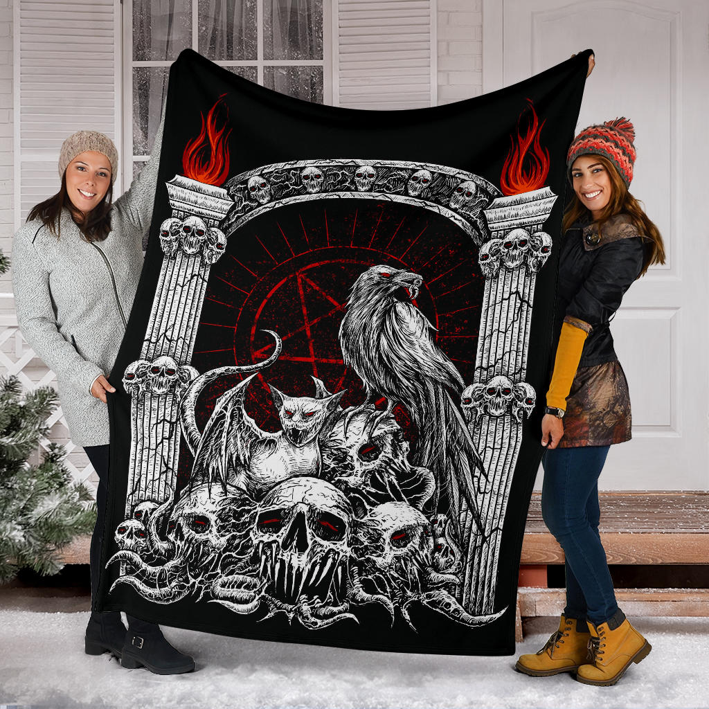 Skull Goth Occult Pentagram Batwing Demon Cat Blanket Black And White Red