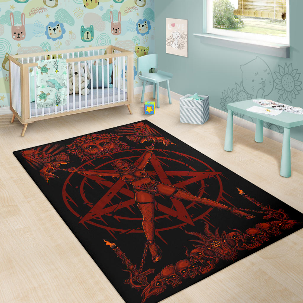 Skull Satanic Pentagram Demon Chained To Sin And Lovin It Part 2  Area Rug Blood Red Hellfire