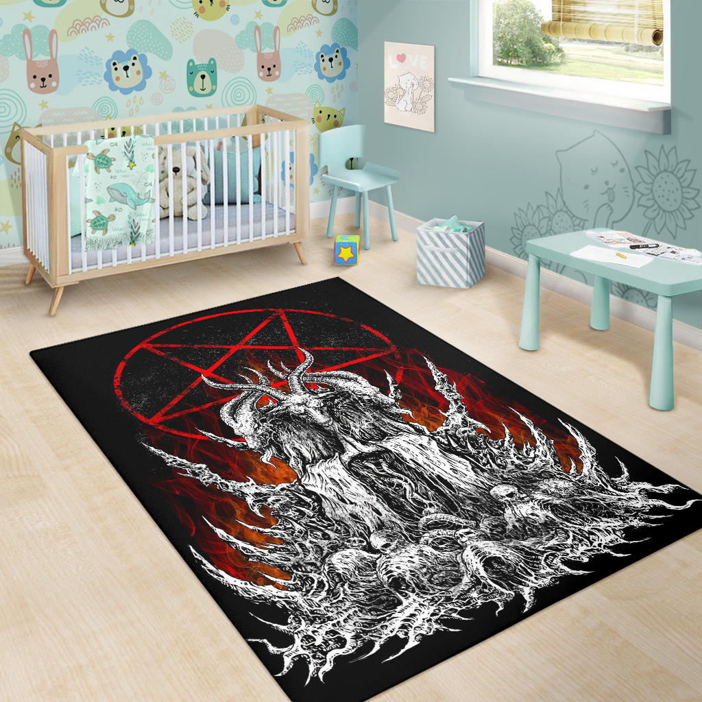 Skull Skeleton Satanic Goat Satanic Pentagram Flame Area Rug Large Flame Print Version