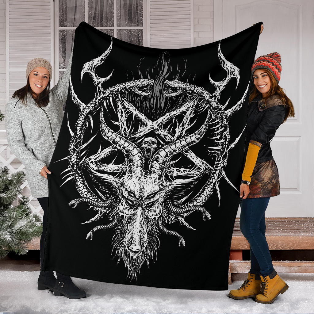 Skull Satanic Goat Satanic Pentagram Demon Serpent Blanket All Black And White