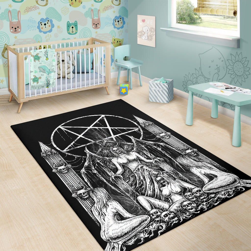 Skull Satanic Pentagram Lust Throne Area Rug Black And White Smoke Flame