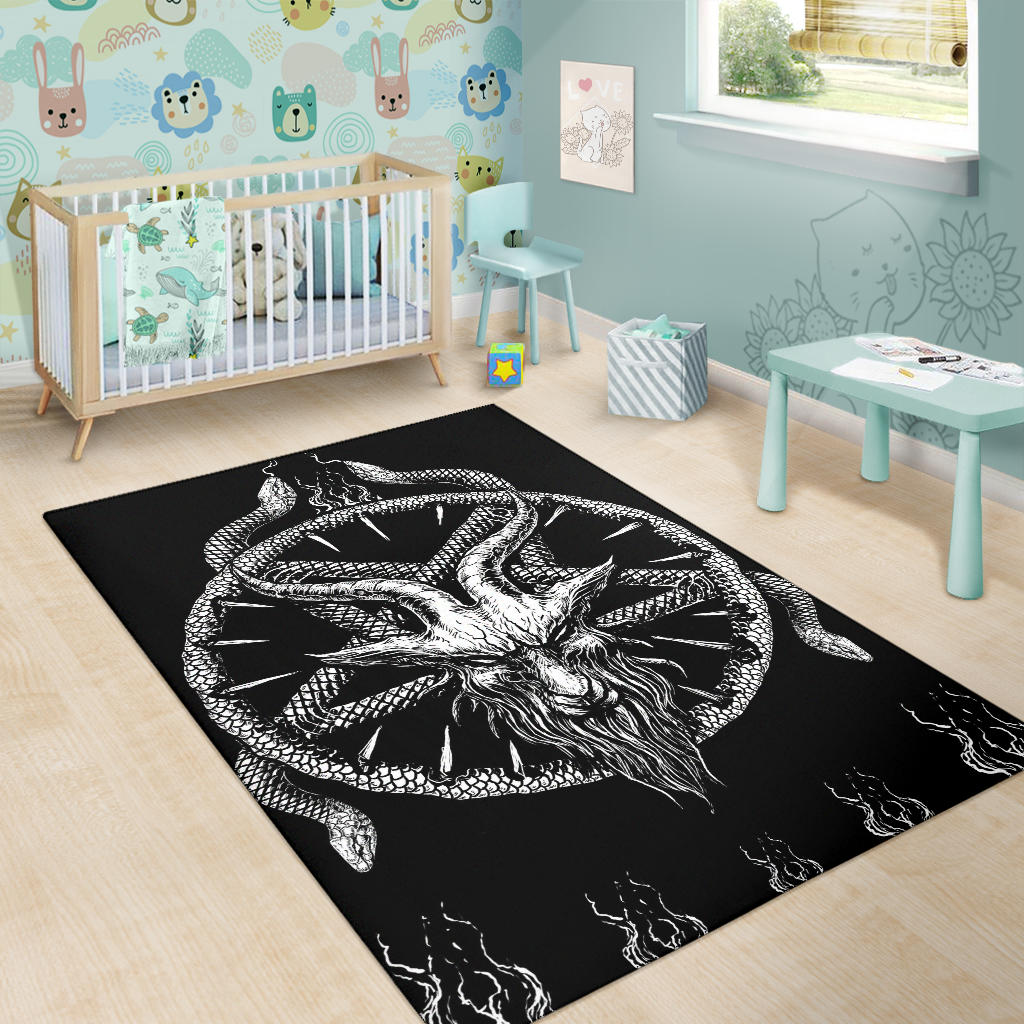 Skull Satanic Demon Goat Satanic Pentagram Serpent Area Rug Large Goat Version Black And White