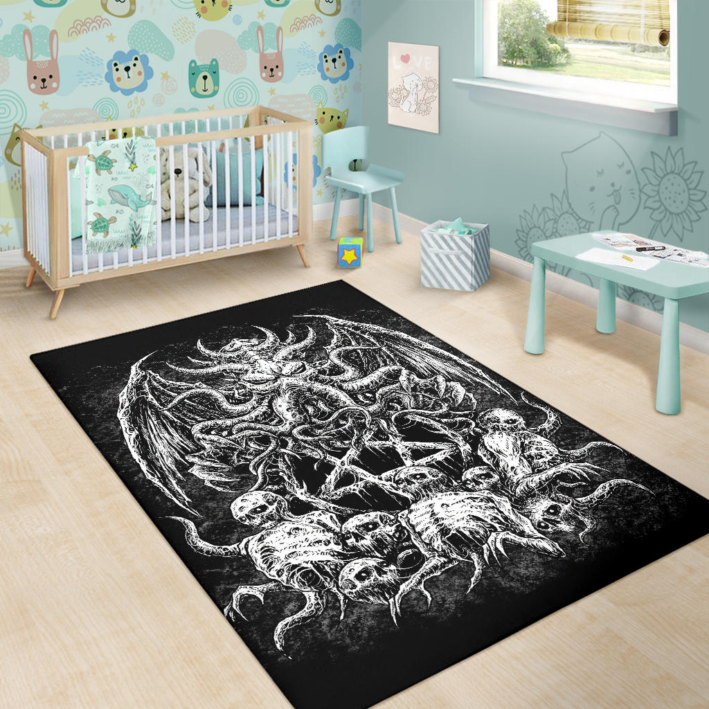 Skull Skeleton Demon Octopus Satanic Pentagram Area Rug Black And White Version