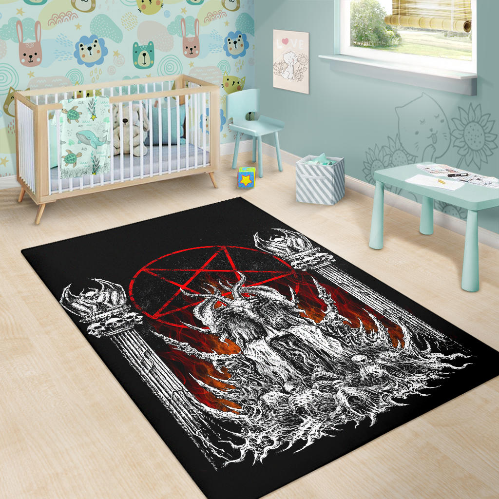 Skull Satanic Goat Flame Color Satanic Pentagram Area Rug