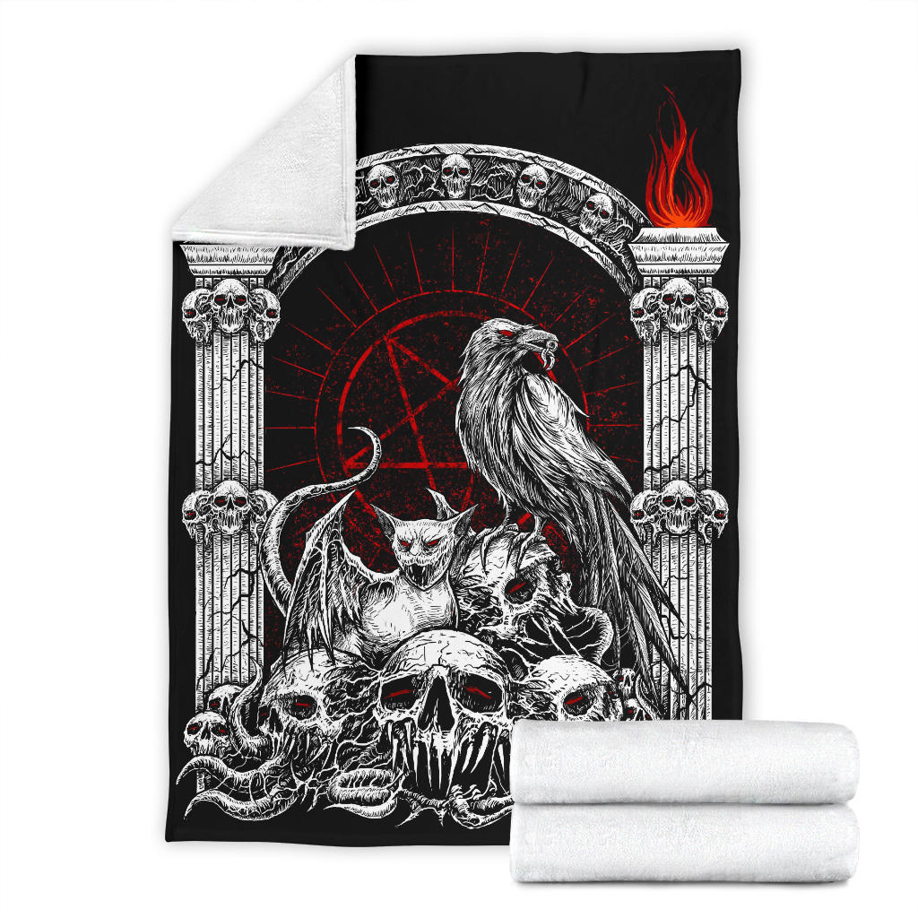 Skull Goth Occult Pentagram Batwing Demon Cat Blanket Black And White Red