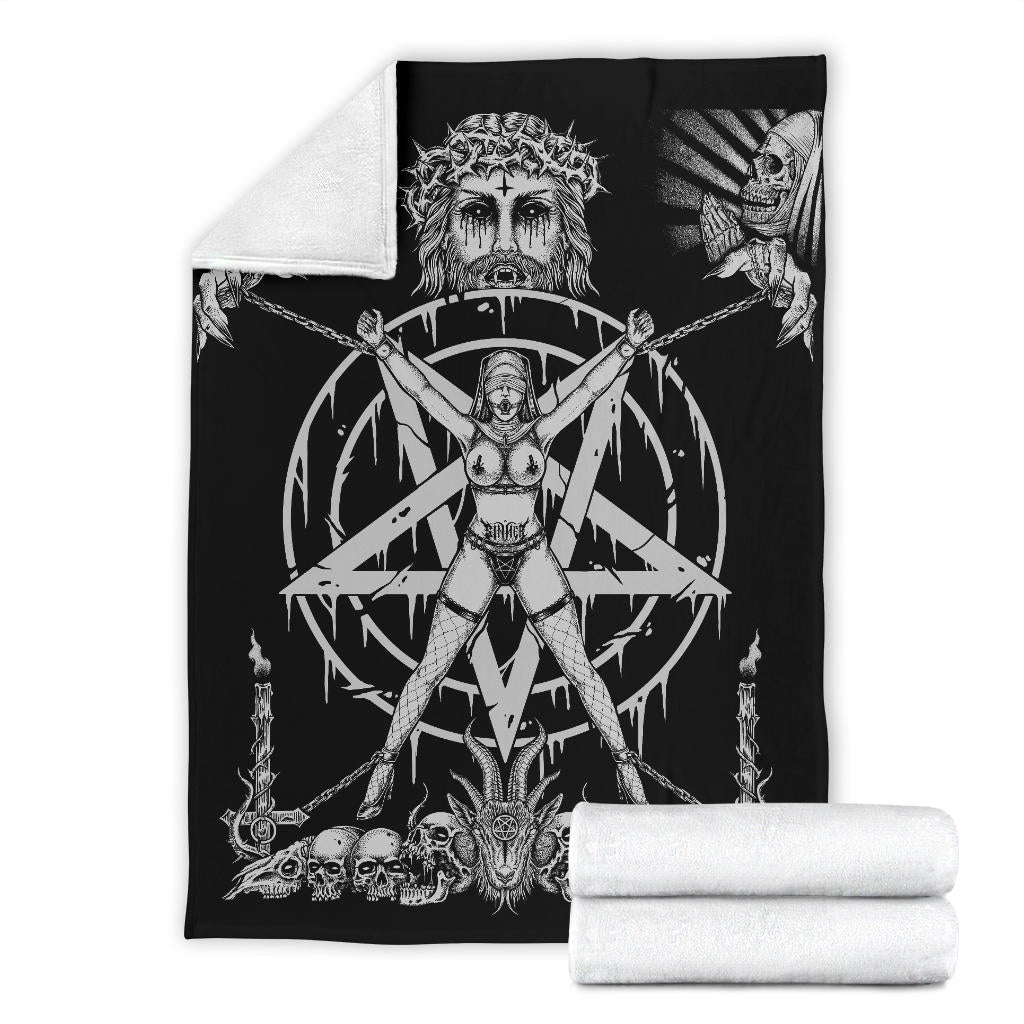 Skull Satanic Pentagram Demon Chained To Sin And Lovin It Part 2 -Blanket Black And White
