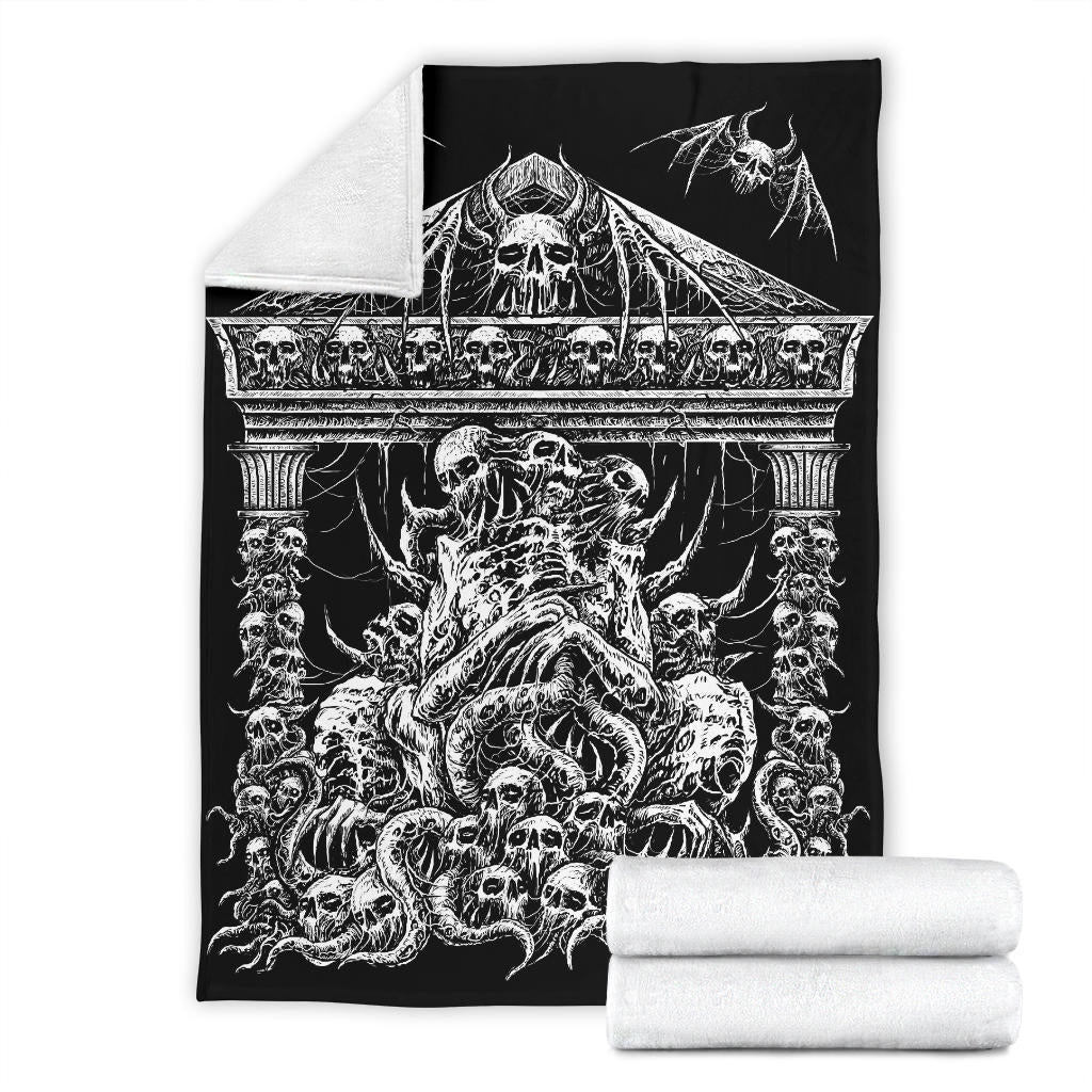Skull Skeleton Demon Bat Skull Wing Death Shrine Blanket Black And White