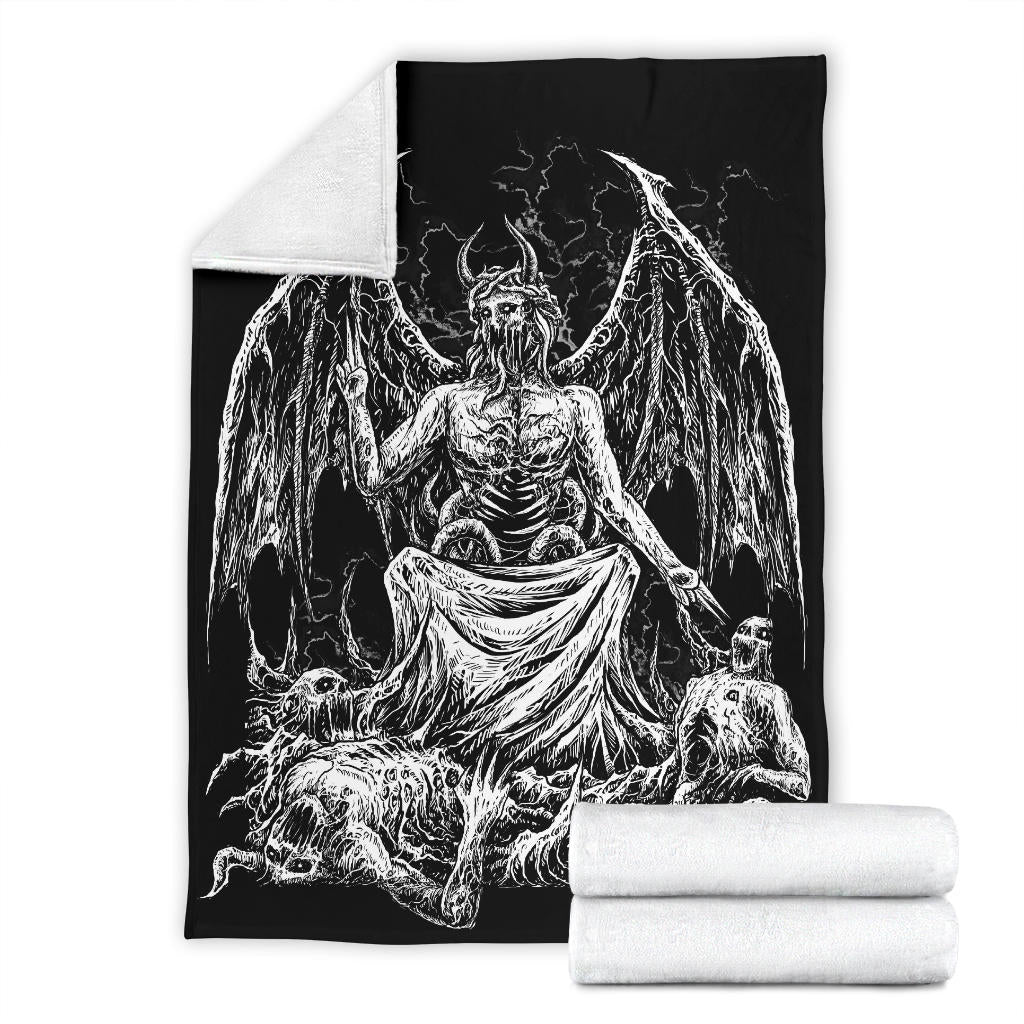 Skull Skeleton Satanic Bat Wing Demon God Blanket All Black And White