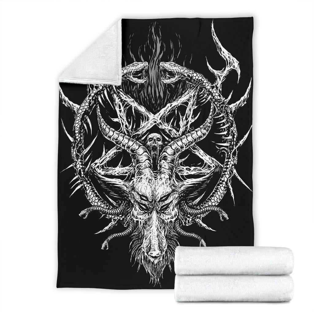 Skull Satanic Goat Satanic Pentagram Demon Serpent Blanket All Black And White