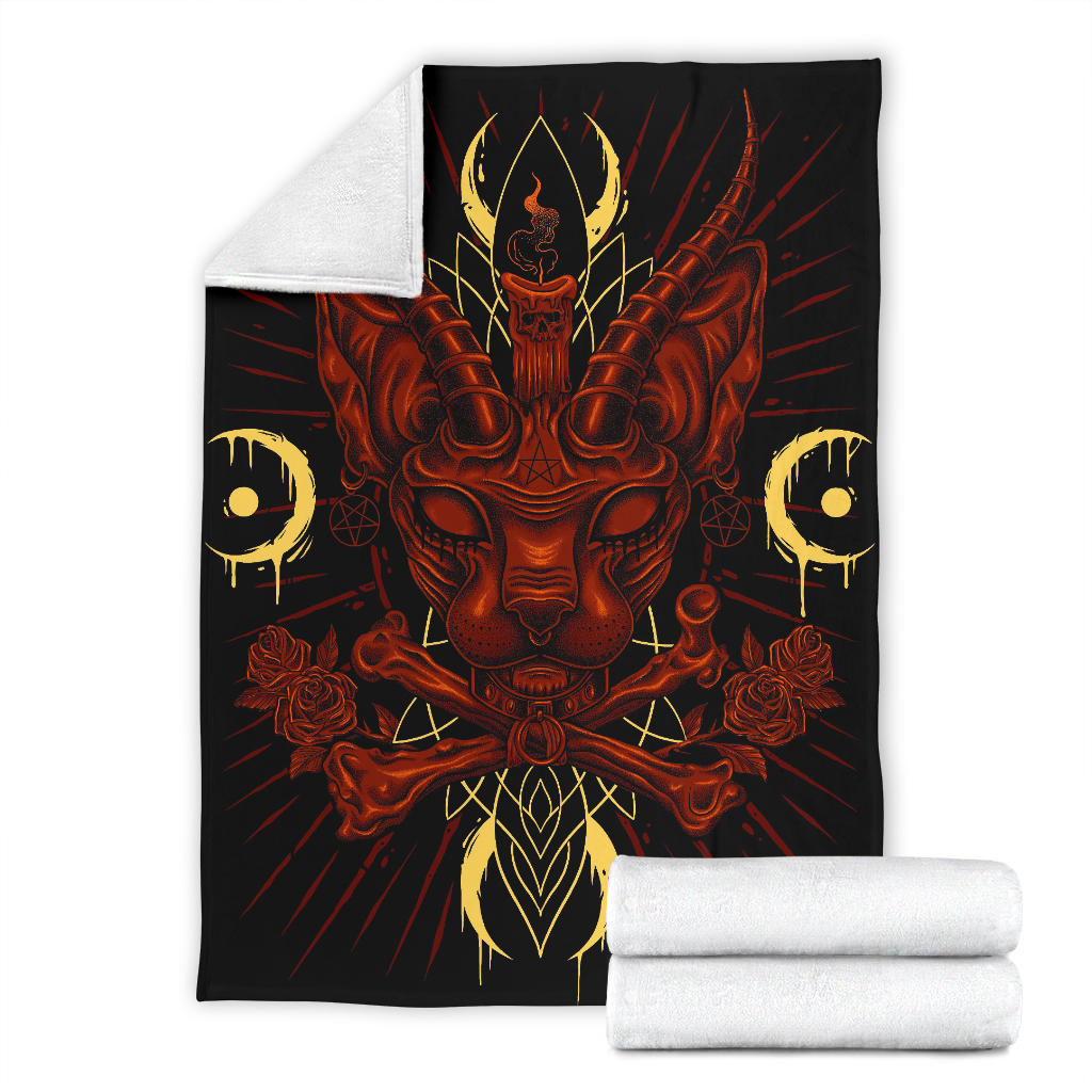 Skull Gothic Occult Black Cat Unique Sphinx Style Part 2 Blanket Awesome Demonic Eye Red Flame Pentagram Version
