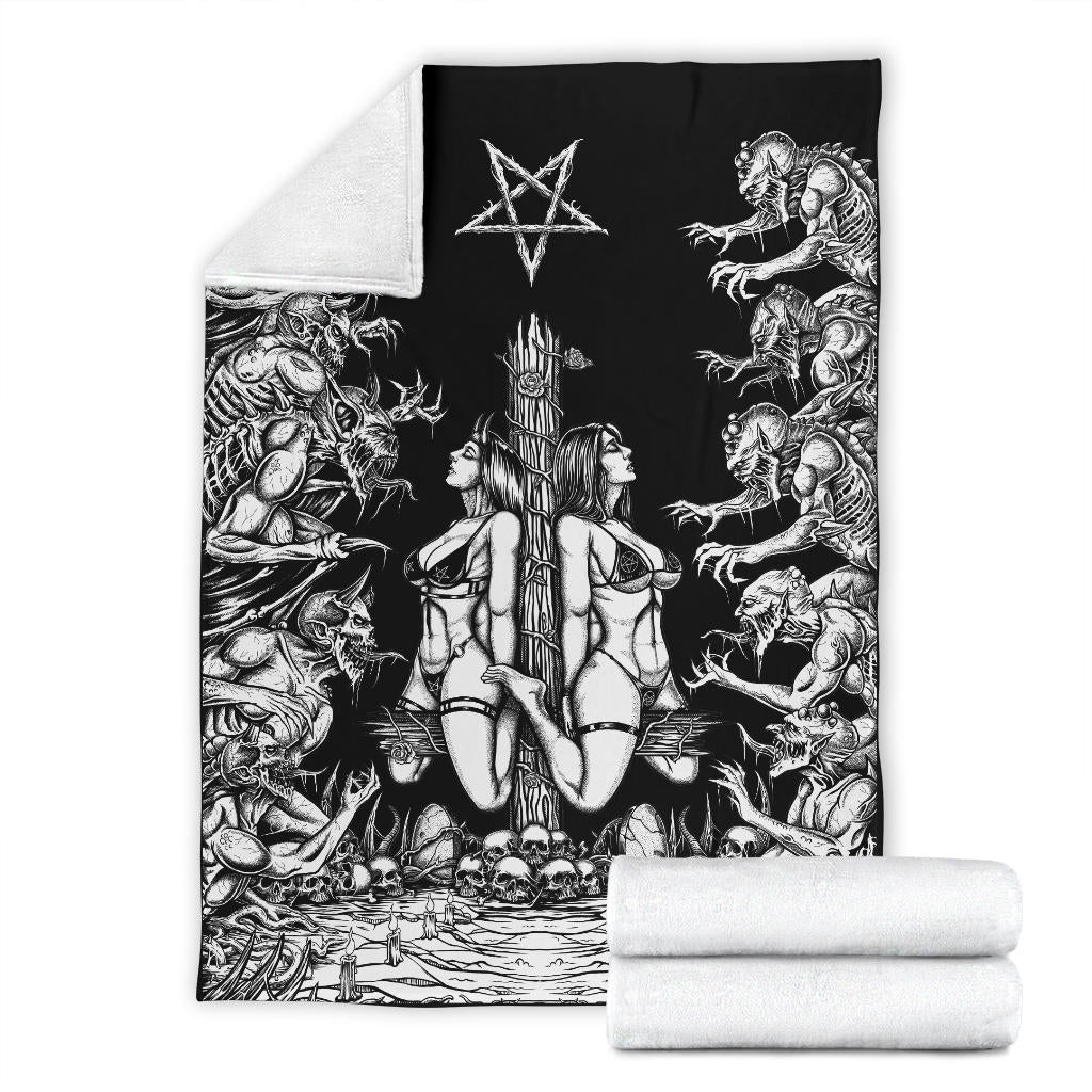 Skull Satanic Wood Inverted Cross Inverted Pentagram Demon blitzkrieg Blanket Black And White Edited Version