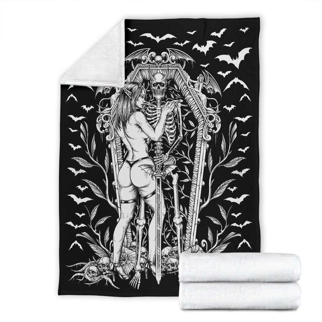 Bat Skull Bat Wing Erotic Demonic Skeleton Coffin Shrine Blanket Black And White