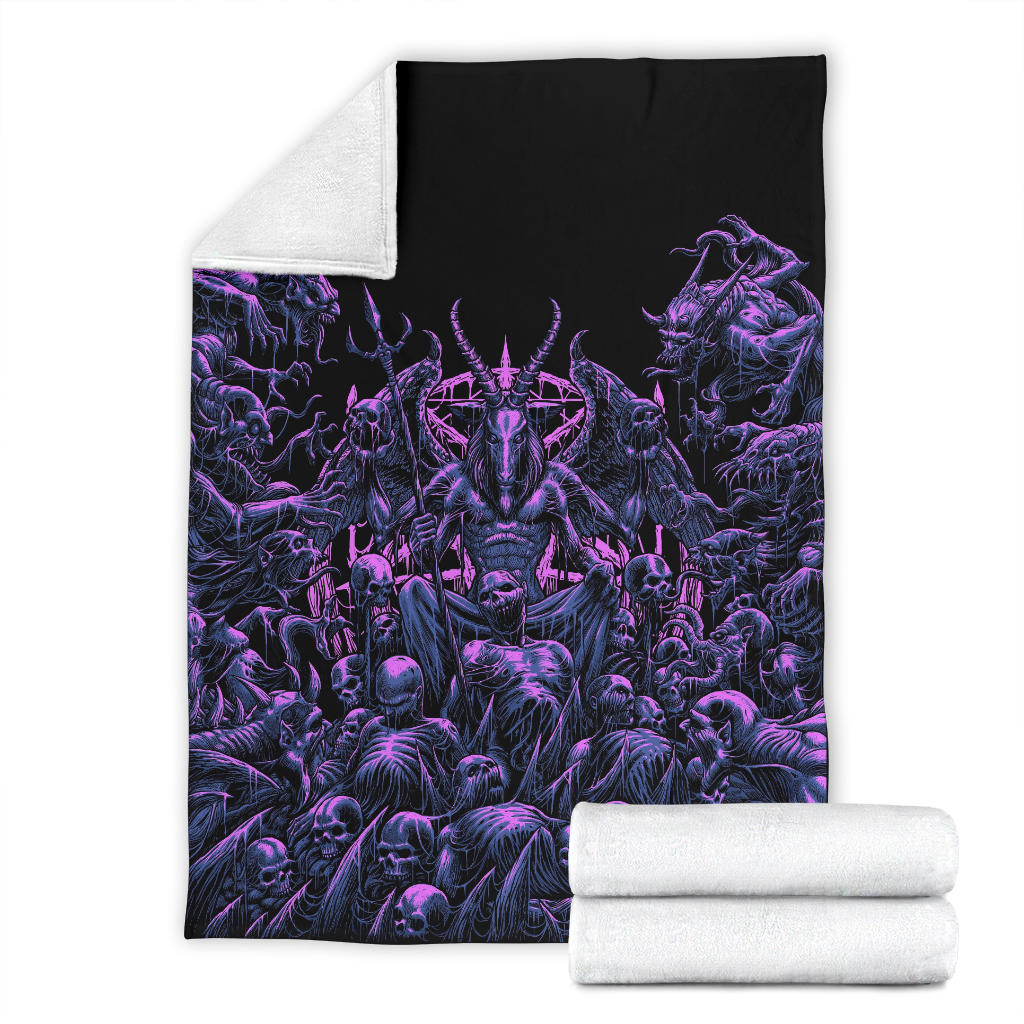 Skull Satanic Pentagram Winged Satanic Goat Demon Zombie Galore Throne Blanket Awesome Night Blue Pink