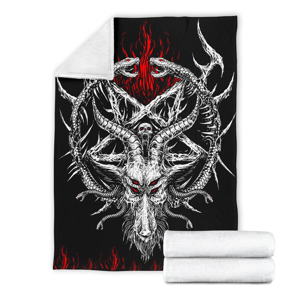 Skull Satanic Goat Satanic Pentagram Serpent Flame Blanket Black And White Red Flame