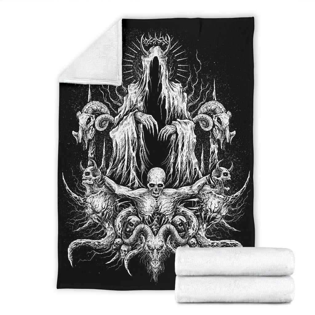 Skull Satanic Goat Demon Impaled and Crucified Blanket Black And White