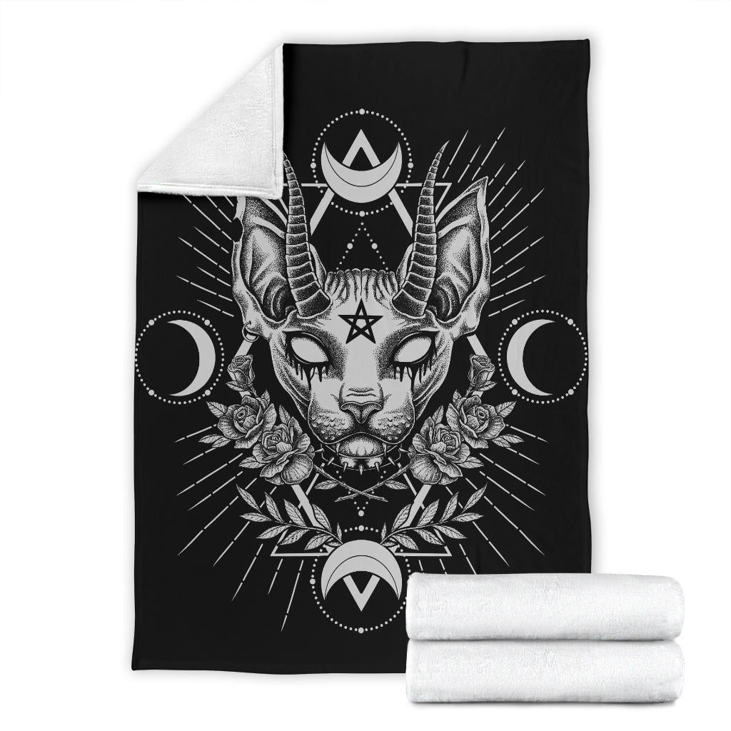 Gothic Occult Black Cat Unique Sphinx Style Awesome Demonic White Eye Blanket Black and White